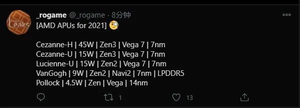 AMD 明后两年移动 CPU 阵容大曝光:45W-4.5W,Navi 核显要来了