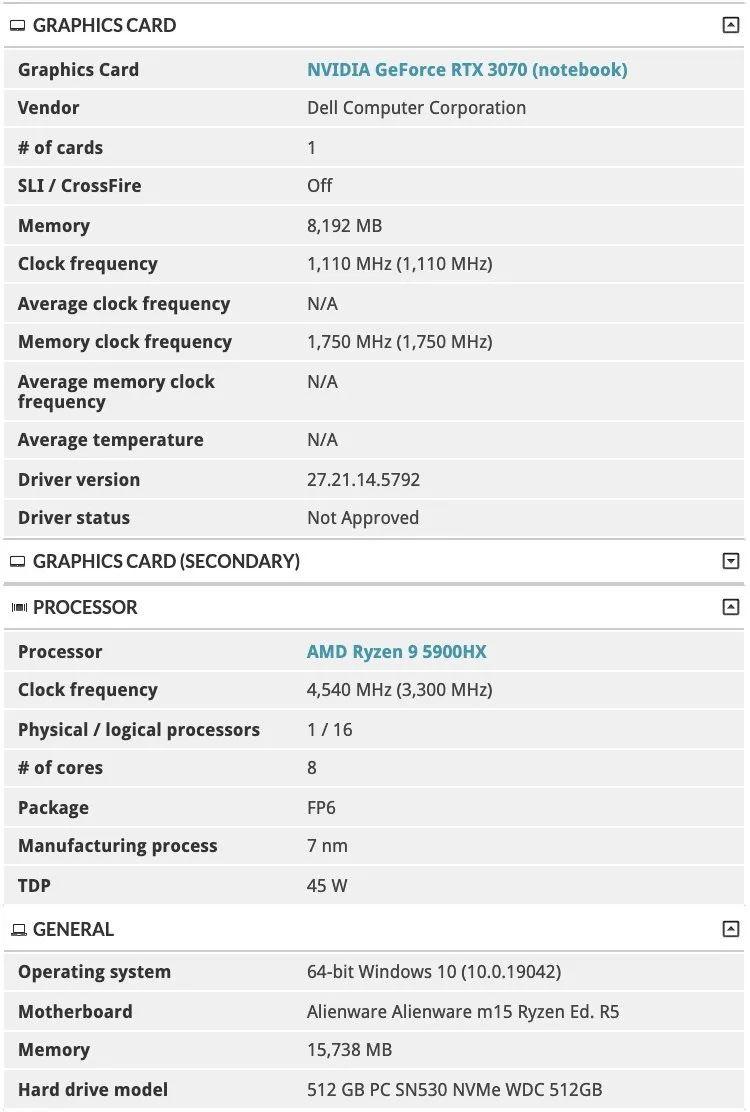 外星人锐龙游戏本曝光:新款 m15 搭载 R9 5900HX + RTX 3070