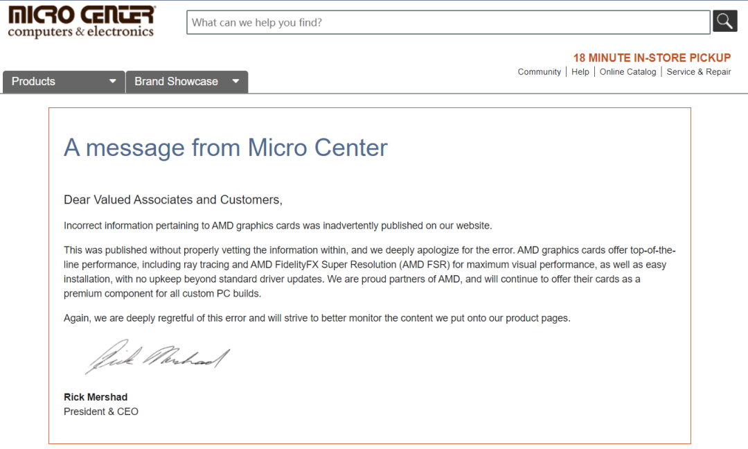 美经销商 Micro Center 就 AMD 显卡发表不当言论,CEO 道歉