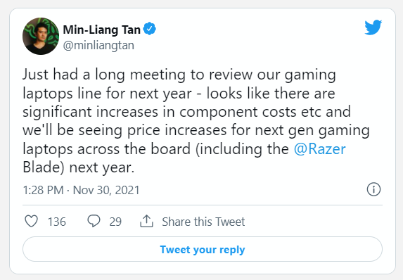 雷蛇宣布 2022 年笔记本电脑将全面提价