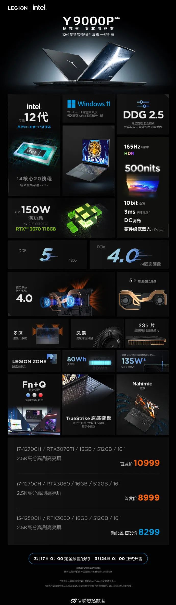 联想拯救者 Y9000P / Y7000P 2022 游戏本新配置上架,7099 元起