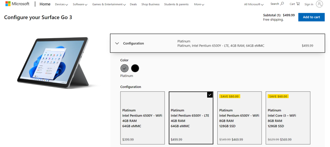 微软为低配版 Surface Go 3 推出 4G LTE 版本,售价 499 美元