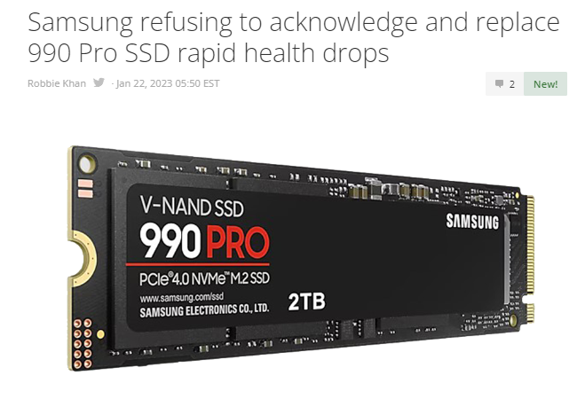 三星旗舰 SSD 990 PRO 被曝出健康度下降过快问题,官方拒绝质保