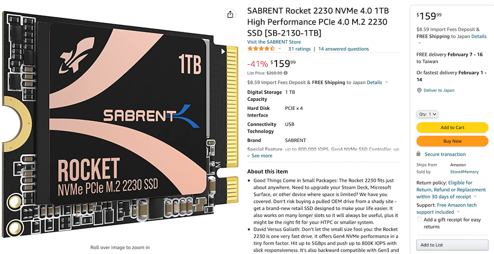 Sabrent m 2 2230 ssd 5gb s 1tb 160 