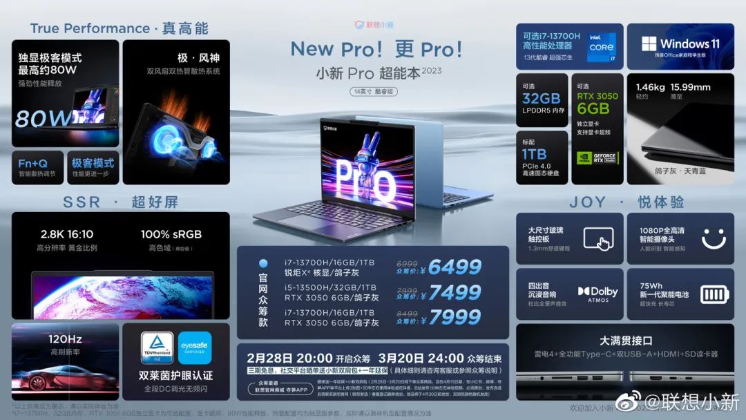 联想小新 Pro14 2023 酷睿版多款众筹配置今晚登场:i7-13700H+RTX 3050 版本 7999 元